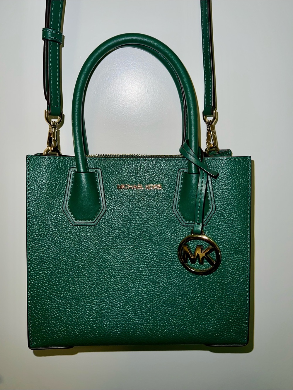 Michael Kors Emerald Green Pebbled Leather Satchel with Gold MK Charm